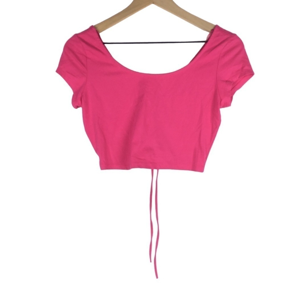 AMBIANCE APPAREL Crop Top Lace Up Short Sleeve Hot Pink 90s Y2K Style Medium